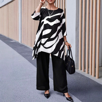 Дамски пантсуит Casual – панталони с права кройка, 3/4 ръкави, принтиран полиестер, пролет 2025