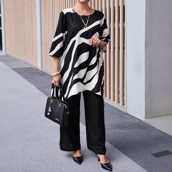 Дамски пантсуит Casual – панталони с права кройка, 3/4 ръкави, принтиран полиестер, пролет 2025