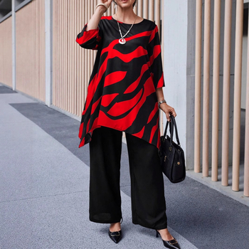 Дамски пантсуит Casual – панталони с права кройка, 3/4 ръкави, принтиран полиестер, пролет 2025