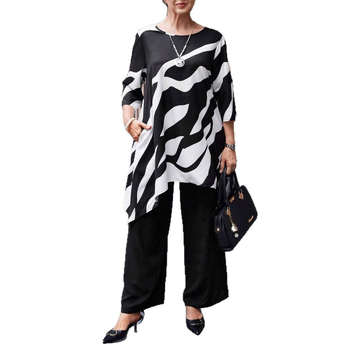 Дамски пантсуит Casual – панталони с права кройка, 3/4 ръкави, принтиран полиестер, пролет 2025