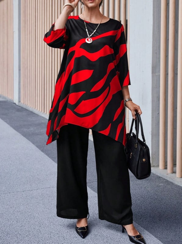 Дамски пантсуит Casual – панталони с права кройка, 3/4 ръкави, принтиран полиестер, пролет 2025