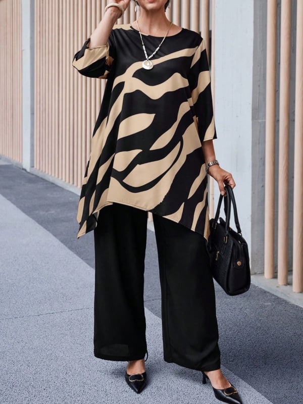 Дамски пантсуит Casual – панталони с права кройка, 3/4 ръкави, принтиран полиестер, пролет 2025