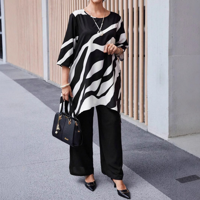 Дамски пантсуит Casual – панталони с права кройка, 3/4 ръкави, принтиран полиестер, пролет 2025