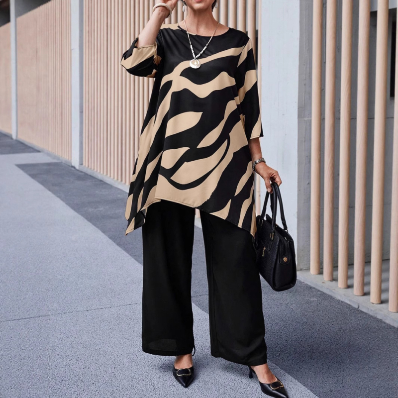 Дамски пантсуит Casual – панталони с права кройка, 3/4 ръкави, принтиран полиестер, пролет 2025