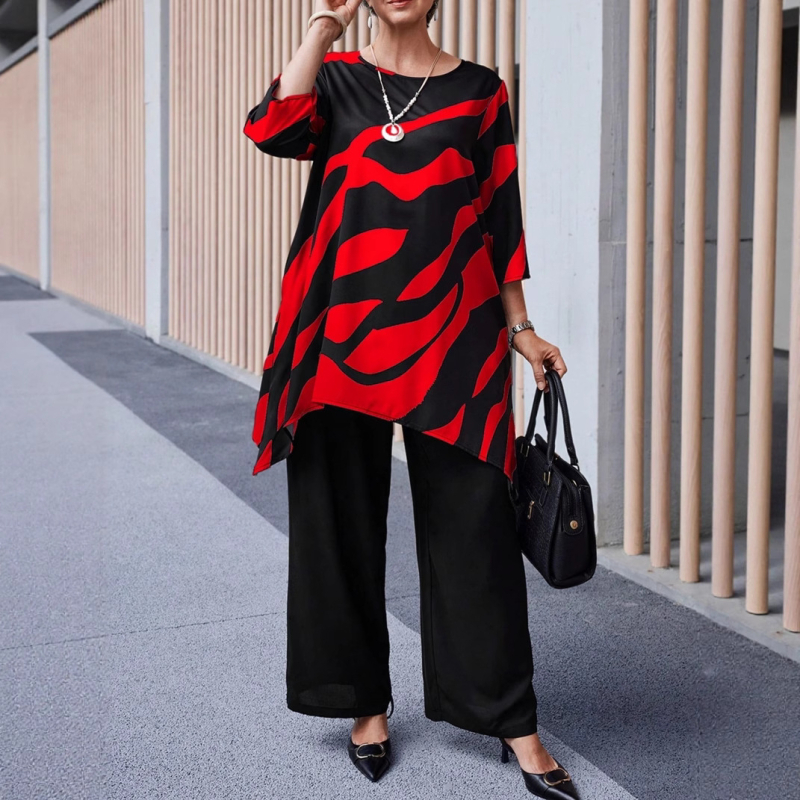 Дамски пантсуит Casual – панталони с права кройка, 3/4 ръкави, принтиран полиестер, пролет 2025