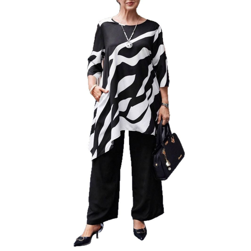 Дамски пантсуит Casual – панталони с права кройка, 3/4 ръкави, принтиран полиестер, пролет 2025