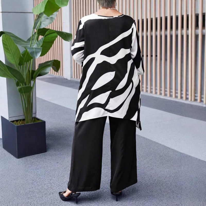 Дамски пантсуит Casual – панталони с права кройка, 3/4 ръкави, принтиран полиестер, пролет 2025