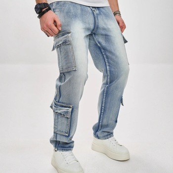 Дънки с прав крак и множество джобове, средна талия, с цип, пясъчно пране