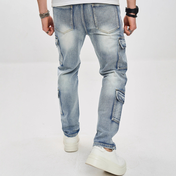 Дънки с прав крак и множество джобове, средна талия, с цип, пясъчно пране