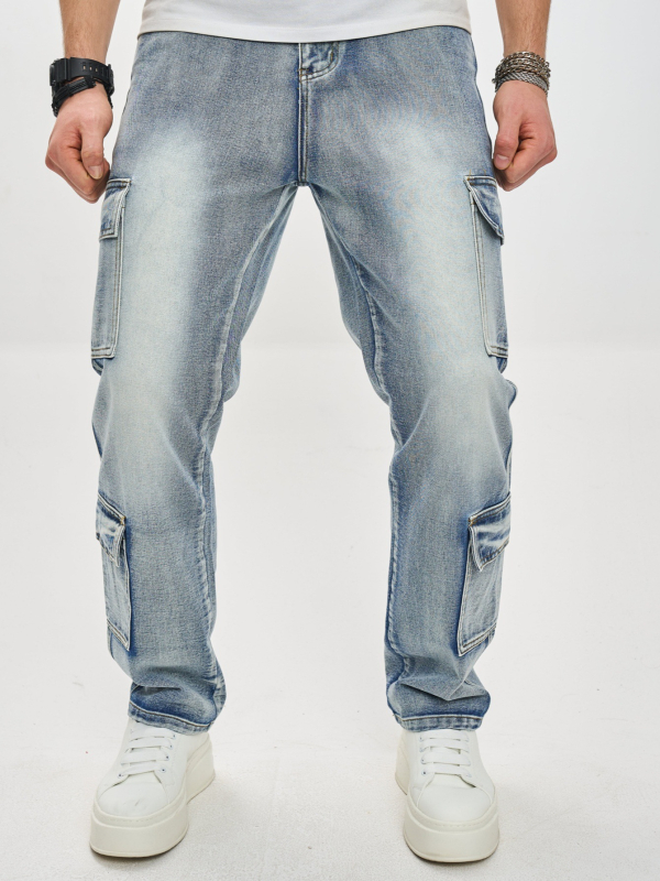 Дънки с прав крак и множество джобове, средна талия, с цип, пясъчно пране