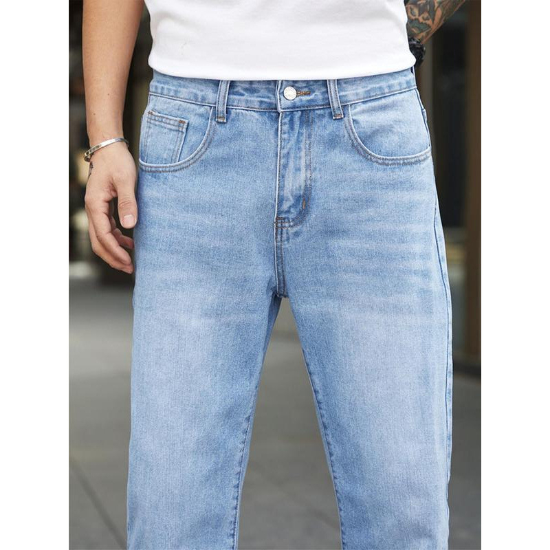 Дънки — прав силует, полиестерова смесена материя, поларена подплата, двойна талия, закопчаване с връзка