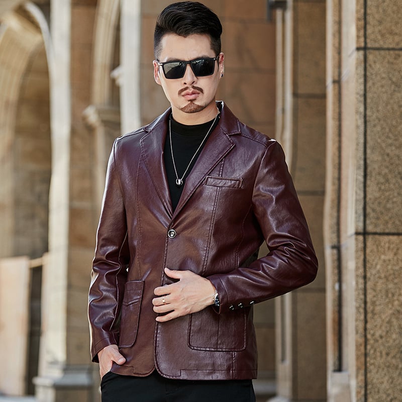 Мъжко PU кожено яке, лацетна яка, облегнато, едноредово закопчаване отпред, 3D патч джобове