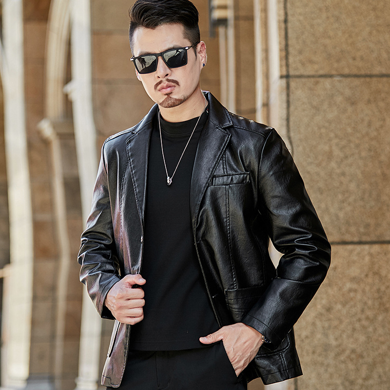 Мъжко PU кожено яке, лацетна яка, облегнато, едноредово закопчаване отпред, 3D патч джобове