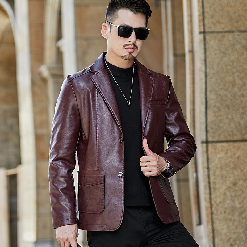 Мъжко PU кожено яке, лацетна яка, облегнато, едноредово закопчаване отпред, 3D патч джобове