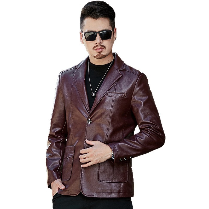 Мъжко PU кожено яке, лацетна яка, облегнато, едноредово закопчаване отпред, 3D патч джобове