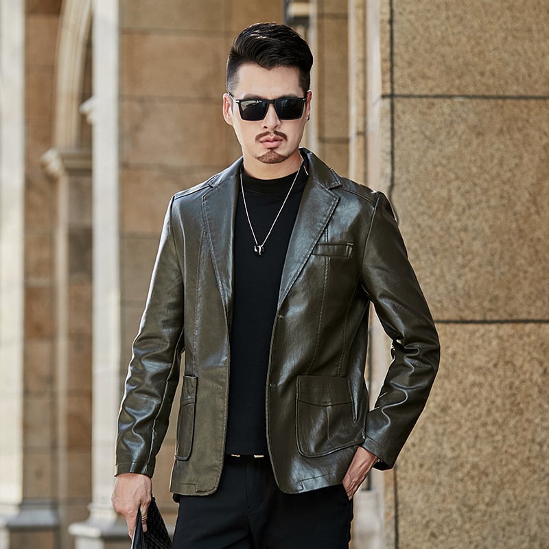 Мъжко PU кожено яке, лацетна яка, облегнато, едноредово закопчаване отпред, 3D патч джобове