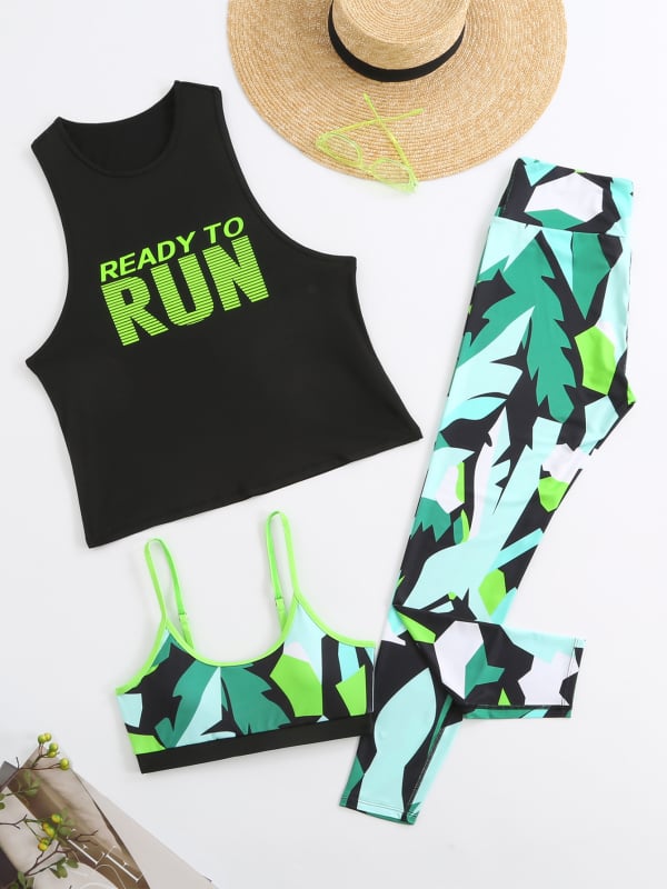 Йога 3-частен комплект: принтовано раздвоено горнище без ръкави и клин, подплънки за бюст, 90% полиестер / 10% спандекс
