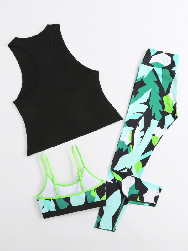 Йога 3-частен комплект: принтовано раздвоено горнище без ръкави и клин, подплънки за бюст, 90% полиестер / 10% спандекс