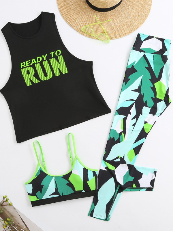 Йога 3-частен комплект: принтовано раздвоено горнище без ръкави и клин, подплънки за бюст, 90% полиестер / 10% спандекс