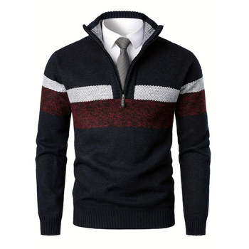 Мъжки плетен пуловер със малък стоящ яка, 3/4 ръкав, 1/4 цип, микроеластична материя