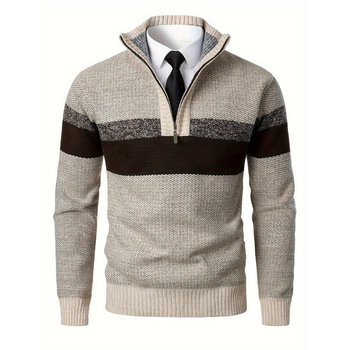 Мъжки плетен пуловер със малък стоящ яка, 3/4 ръкав, 1/4 цип, микроеластична материя