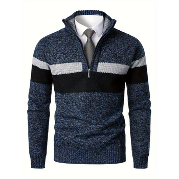 Мъжки плетен пуловер със малък стоящ яка, 3/4 ръкав, 1/4 цип, микроеластична материя