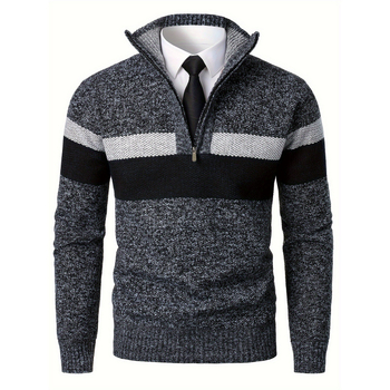 Мъжки плетен пуловер със малък стоящ яка, 3/4 ръкав, 1/4 цип, микроеластична материя