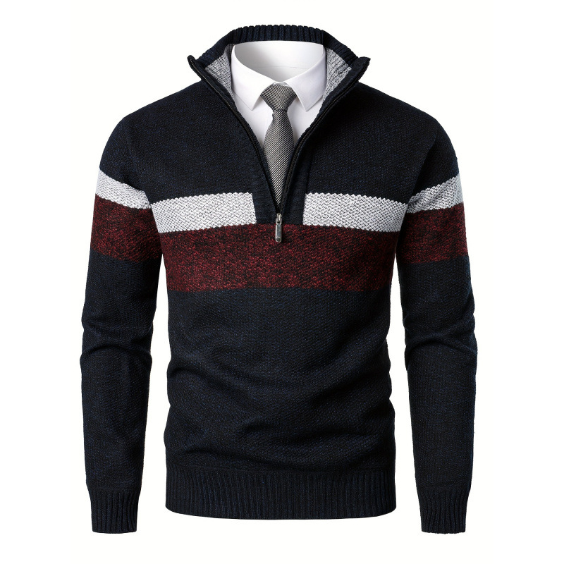 Мъжки плетен пуловер със малък стоящ яка, 3/4 ръкав, 1/4 цип, микроеластична материя