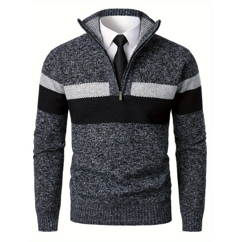 Мъжки плетен пуловер със малък стоящ яка, 3/4 ръкав, 1/4 цип, микроеластична материя