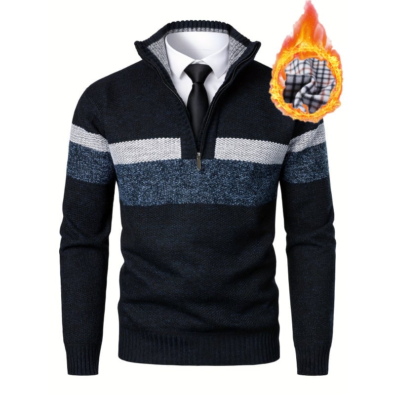 Мъжки плетен пуловер със малък стоящ яка, 3/4 ръкав, 1/4 цип, микроеластична материя
