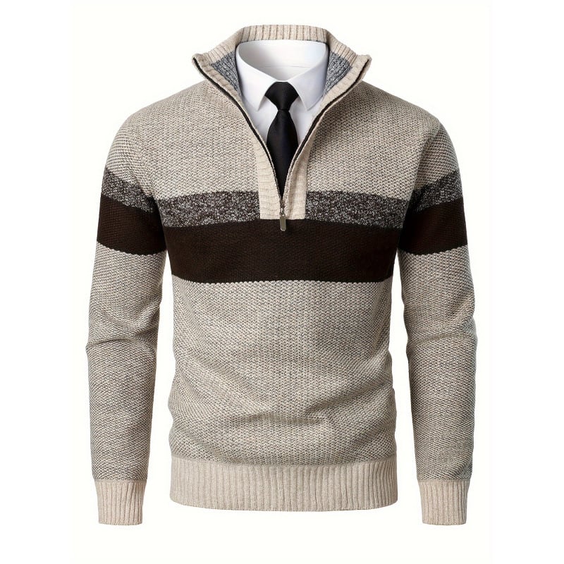 Мъжки плетен пуловер със малък стоящ яка, 3/4 ръкав, 1/4 цип, микроеластична материя