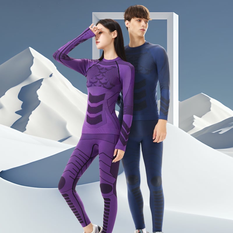 Унисекс зимен комплект за ски и бягане с бързо изсъхване, дишащ и влагоотводящ плат, дълъг ръкав и панталони до глезена, кръгла яка, 65% найлон, 25% полиестер, 10% спандекс