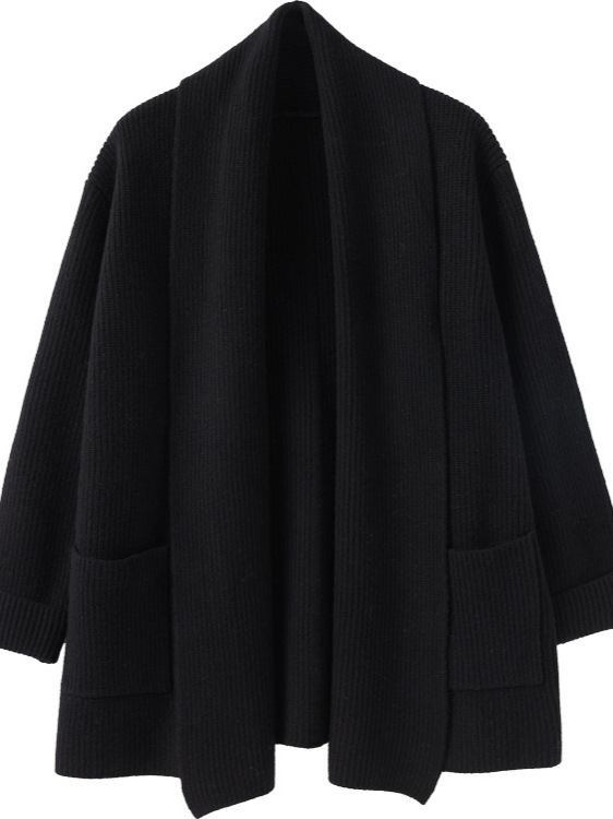 Женски вълнен кардиган, средна плътност, V-образно деколте, дълги ръкави, едноцветен вълнен плат, пуловер, несиметрична кройка, зима 2025