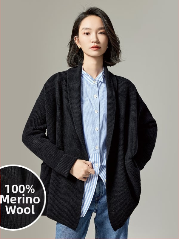 Женски вълнен кардиган, средна плътност, V-образно деколте, дълги ръкави, едноцветен вълнен плат, пуловер, несиметрична кройка, зима 2025