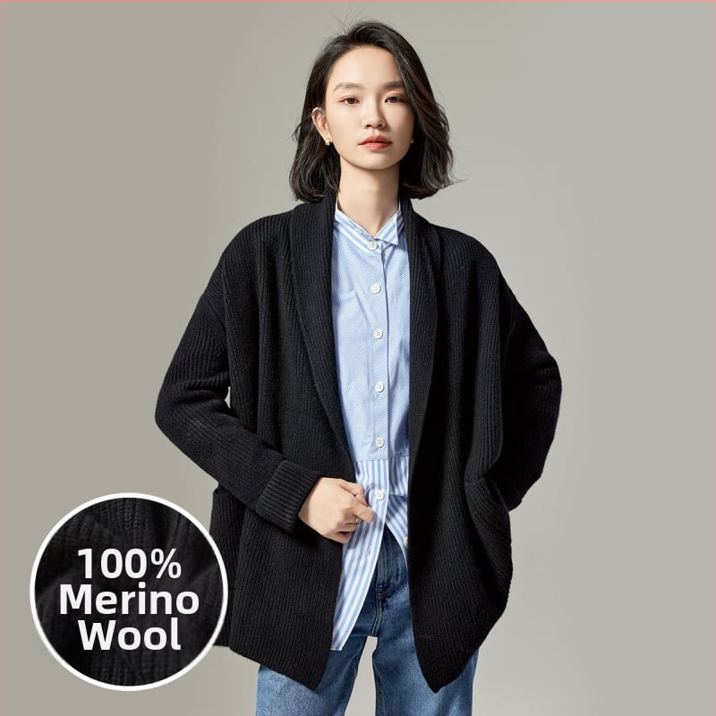 Женски вълнен кардиган, средна плътност, V-образно деколте, дълги ръкави, едноцветен вълнен плат, пуловер, несиметрична кройка, зима 2025