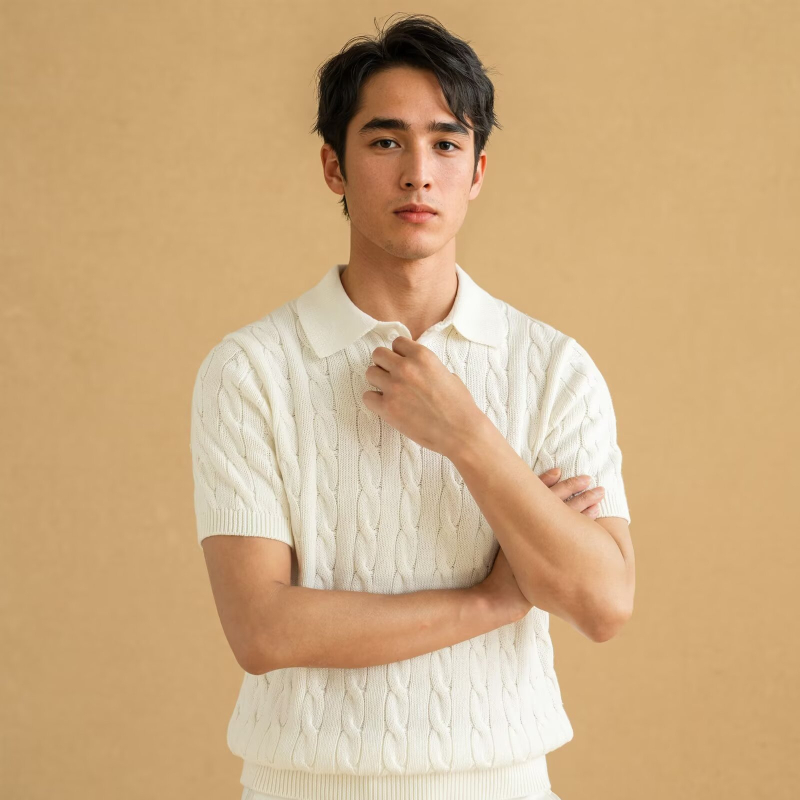 Мъжко поло с дълги ръкави, бродерия, свободна кройка, смес от памук и полиестер, тънък летен модел