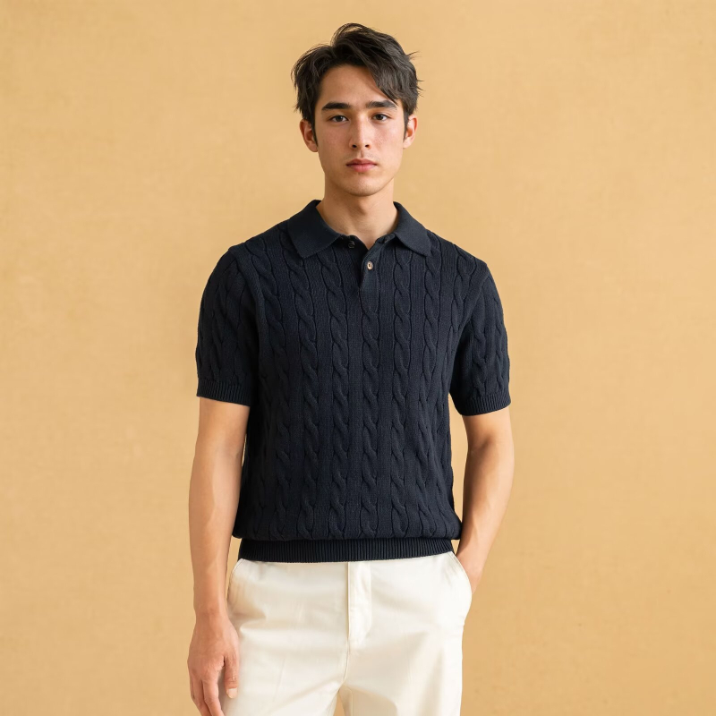 Мъжко поло с дълги ръкави, бродерия, свободна кройка, смес от памук и полиестер, тънък летен модел