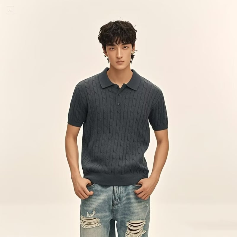 Мъжко поло с дълги ръкави, бродерия, свободна кройка, смес от памук и полиестер, тънък летен модел