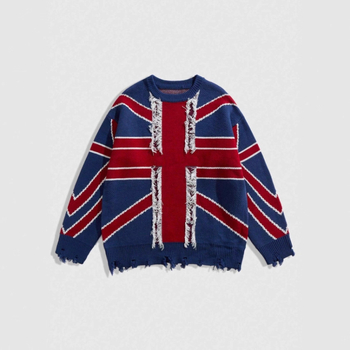 Пуловер с качулка от плетена материя, жакардова шарка в блокове, разкъсани детайли и ресни, свободен силует