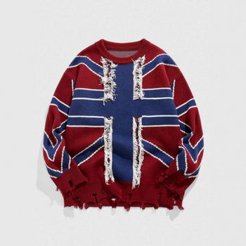 Пуловер с качулка от плетена материя, жакардова шарка в блокове, разкъсани детайли и ресни, свободен силует