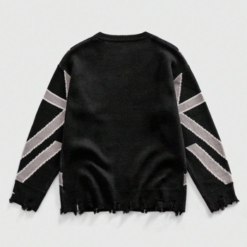 Пуловер с качулка от плетена материя, жакардова шарка в блокове, разкъсани детайли и ресни, свободен силует