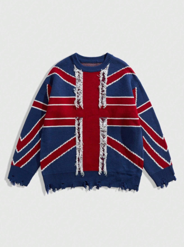 Пуловер с качулка от плетена материя, жакардова шарка в блокове, разкъсани детайли и ресни, свободен силует