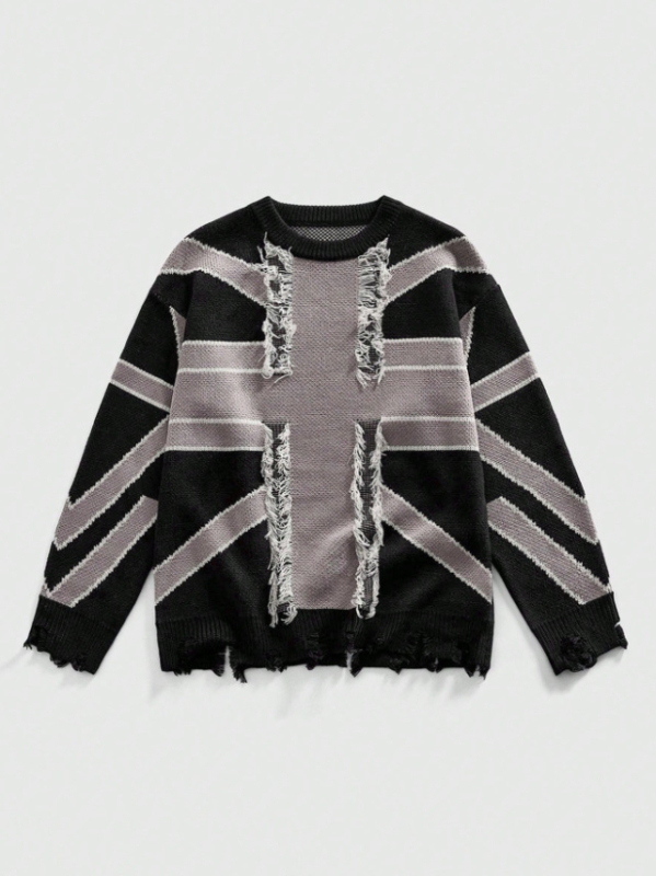 Пуловер с качулка от плетена материя, жакардова шарка в блокове, разкъсани детайли и ресни, свободен силует