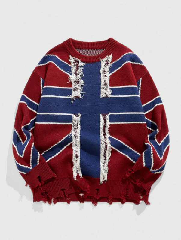 Пуловер с качулка от плетена материя, жакардова шарка в блокове, разкъсани детайли и ресни, свободен силует