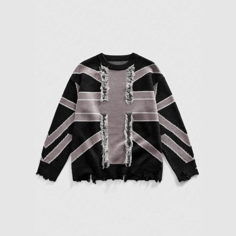 Пуловер с качулка от плетена материя, жакардова шарка в блокове, разкъсани детайли и ресни, свободен силует