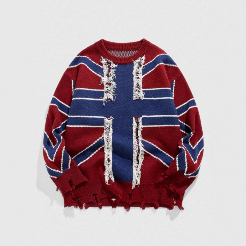 Пуловер с качулка от плетена материя, жакардова шарка в блокове, разкъсани детайли и ресни, свободен силует