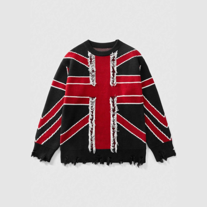 Пуловер с качулка от плетена материя, жакардова шарка в блокове, разкъсани детайли и ресни, свободен силует