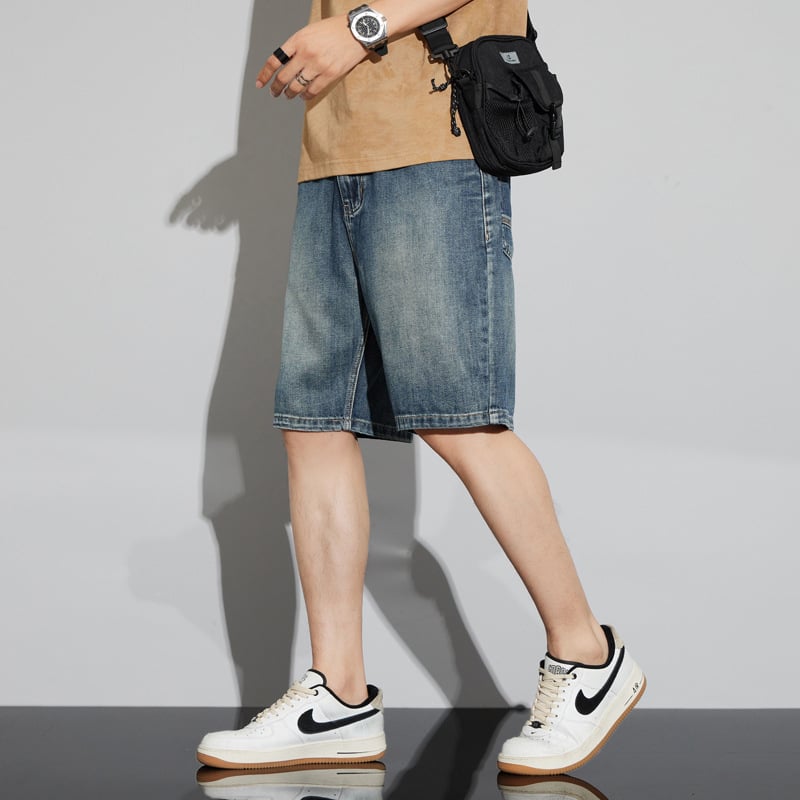 Мъжки дънкови къси панталони до коляното, права кройка, памучно-разтеглив деним, 95.1% памук, лято 2025