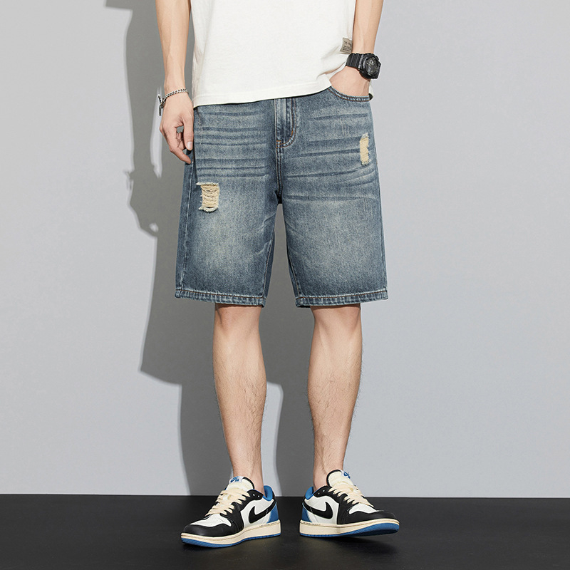 Мъжки дънкови къси панталони до коляното, права кройка, памучно-разтеглив деним, 95.1% памук, лято 2025