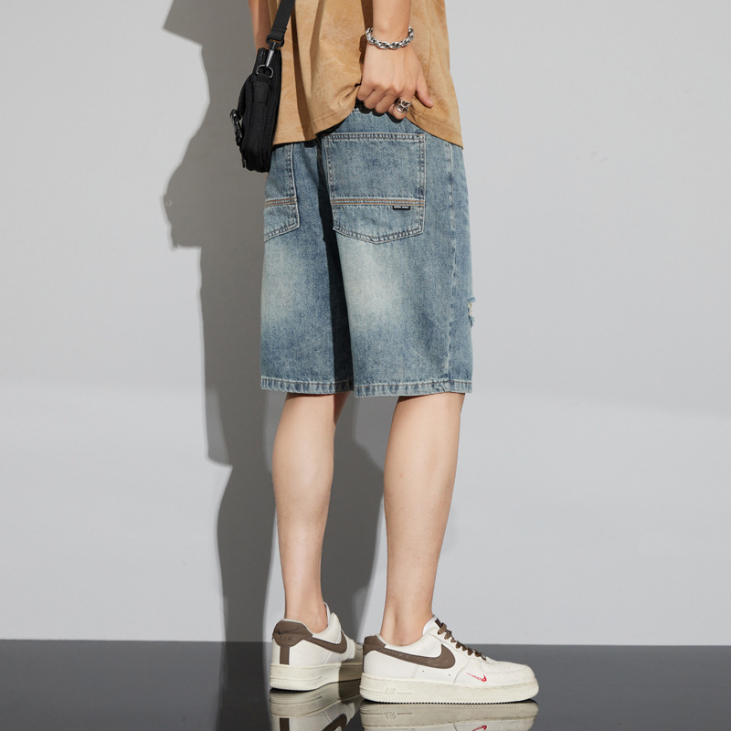 Мъжки дънкови къси панталони до коляното, права кройка, памучно-разтеглив деним, 95.1% памук, лято 2025